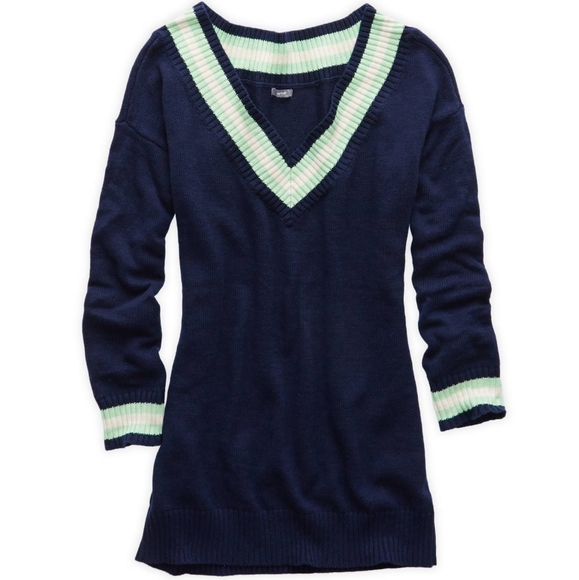 Aerie Navy Blue Off Shoulder Varsity Sweater - Picture 1 of 6